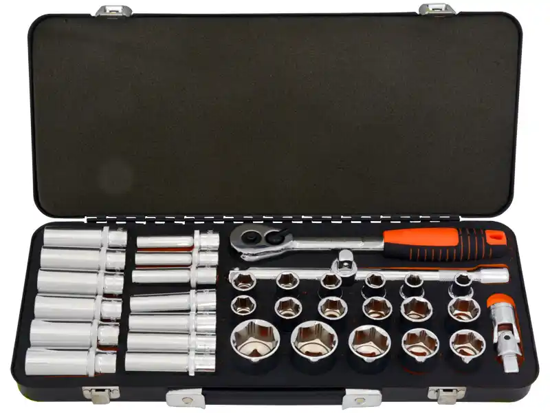 34PCS - 1/2" DR. SOCKET & RATCHET HANDLE SET W/ METAL BOX